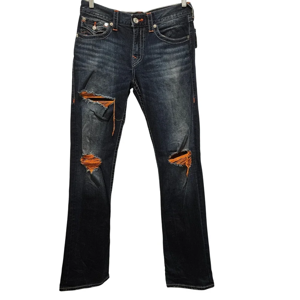 True Religion Jeans Mens 32 Blue Straight Flap Orange Stitch Distressed Ripped